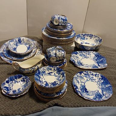 Photo of Royal Crown Derby Blue Mikado, 8 settings, 2 platters, 8 soup bowls 8 dessert plates, cake plate, 2 vegetable bowls, gravy boat and more. - 1