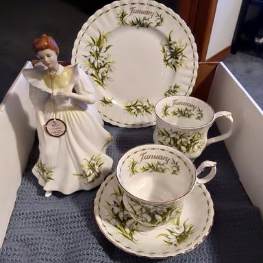 Photo of Royal Albert January Flower of the Month set, figurine, teacup and saucer, coffee mug, plate - 1