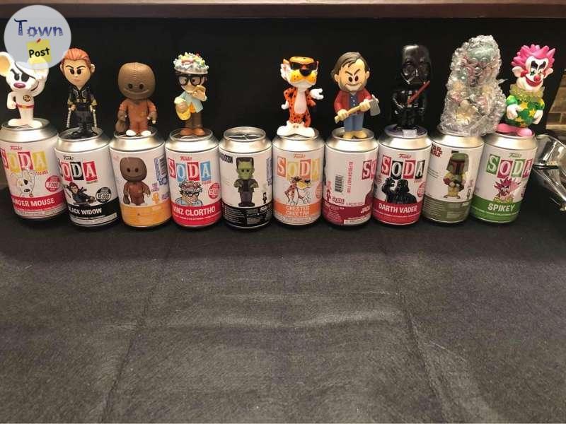 Photo of Assorted Funko Soda Can Pop Figures, Spikey, Black Widow $5 each.