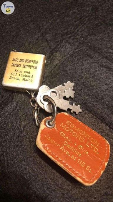 Photo of Vintage keychain, keys and tape measure. From Edmonton Motors and Saco and Biddeford Savings Maine - 1