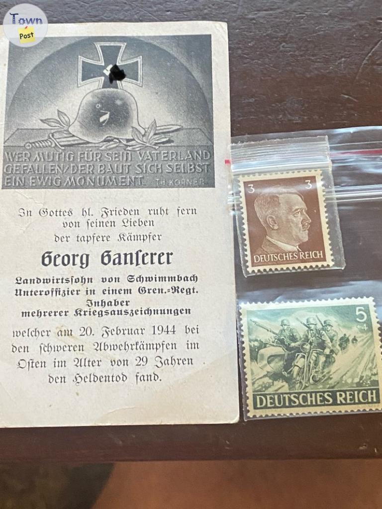 Photo of WW2 German remembrance card and stamps