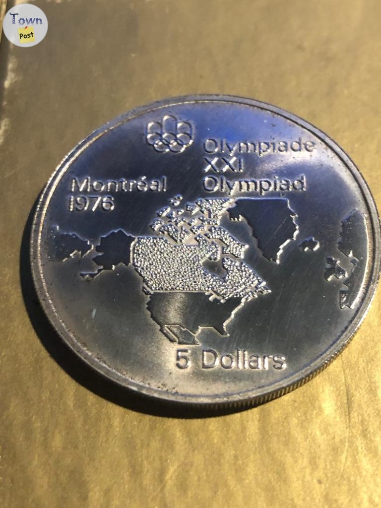 Photo of Silver Canadian 1976 Olympics 5 dollar coin.