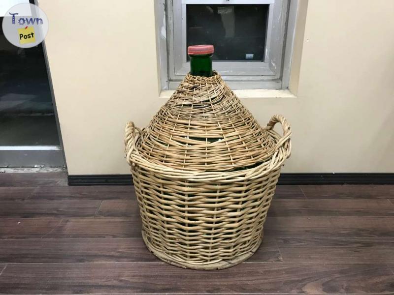 Photo of Vintage Large 26" Tall Demijohn with Original Wicker Basket Green Glass Bottle