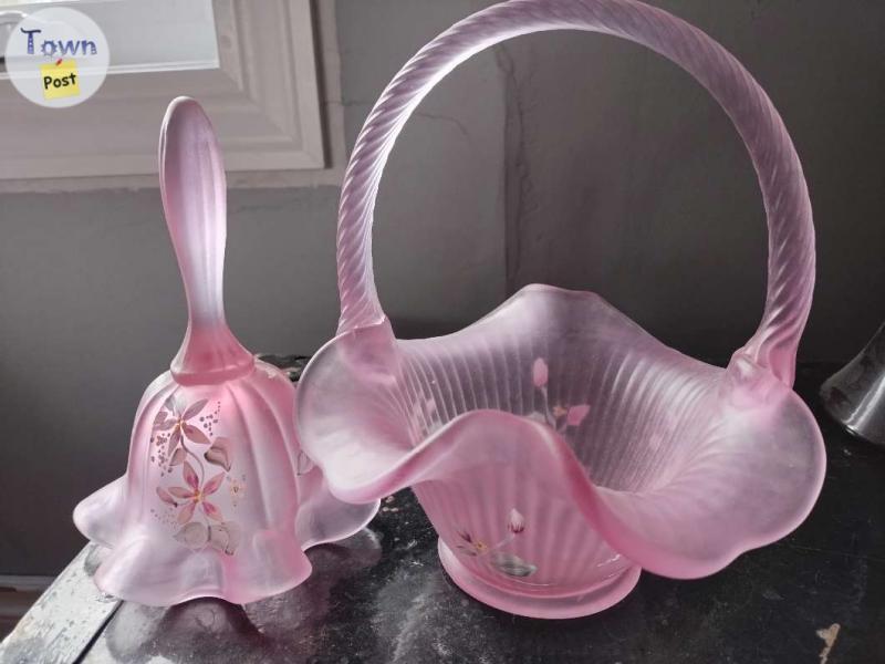 Photo of Fenton Pink opalescence glass basket and bell set 