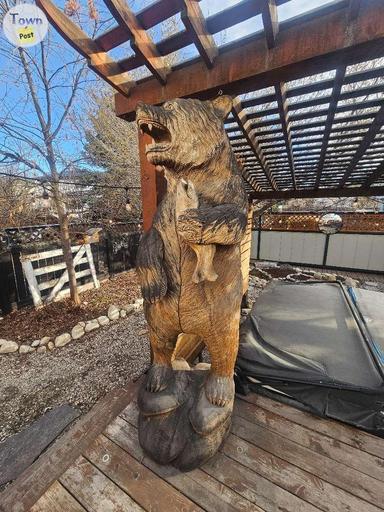 Photo of 7 foot tall solid teak hand carved bear with fish. - 2