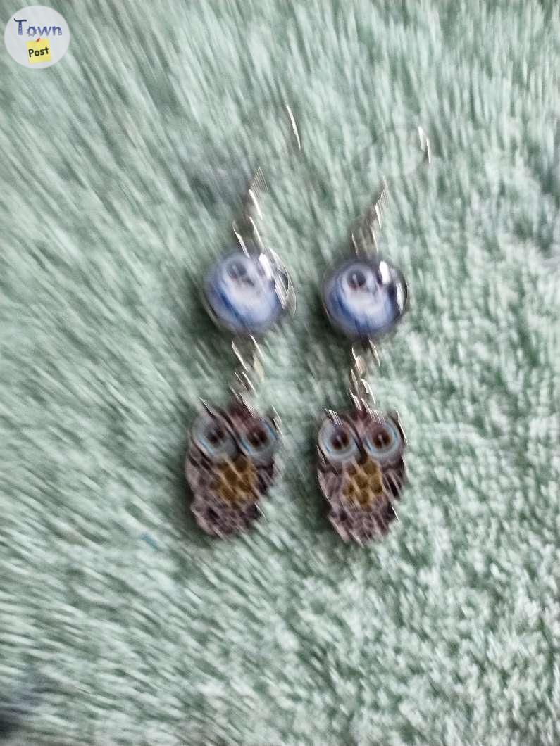 Photo of Double owl design charms and cabochon earrings