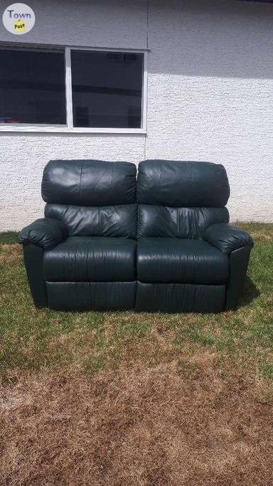 Photo of Dark Green Love Seat, Chair and Footstool in great condition - 1