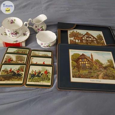 Photo of Pimpernel Placemats & coasters English Cottages and Hunters, Royal Albert teacup, cream, sugar set - 1