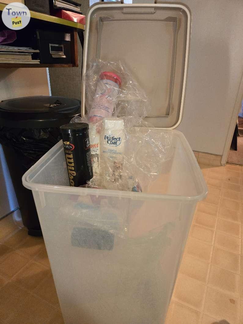 Photo of Dog container and dishes plus dog books 