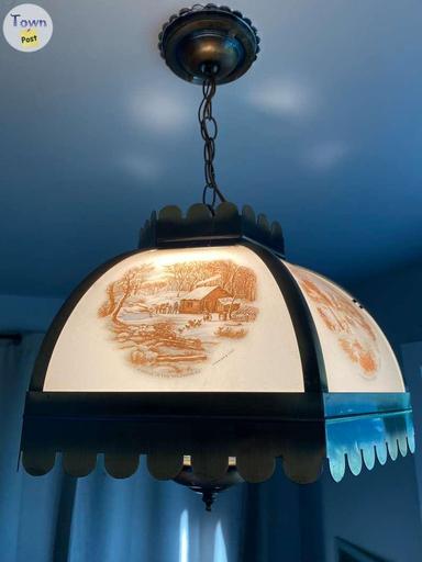 Photo of Vintage Currier Ives Farmhouse Scene Hanging Light Fixture - 1